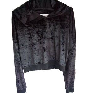 Womens Cropped Hoodie Crushed Velvet Black Pullover Sweater Size Large